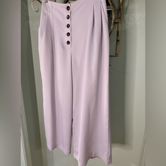 TOPSHOP Lilac Satin Coco Button Fly Wide Leg Pants, purple/lavender, pockets, 6 - Picture 3 of 7